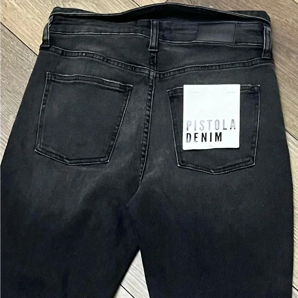 Pistola Nico High Rise Mom Jeans Black Shadow Wash Distressed Straight Leg 27x27